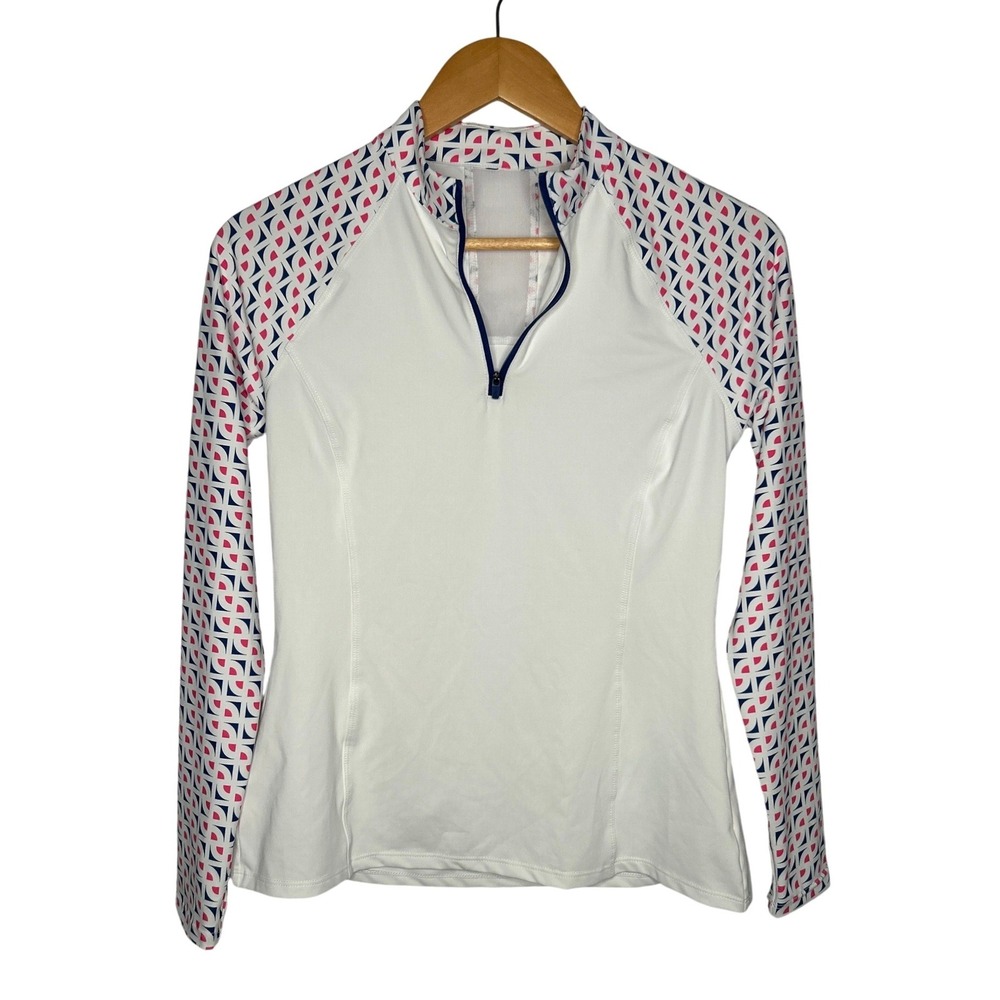 Kyodan Golf Quarter Zip Long Sleeve Top P/S Geo White Pink Navy UPF 50 Tennis